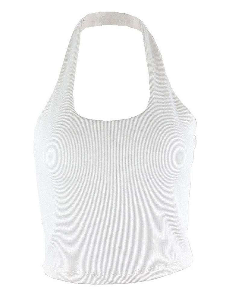 Weißes Neckholder-Tanktop, sexy, rückenfrei, für Damen, Streetwear, 2023, ärmellos, geripptes Strickweste-Top, abgeschnitten, feminino
