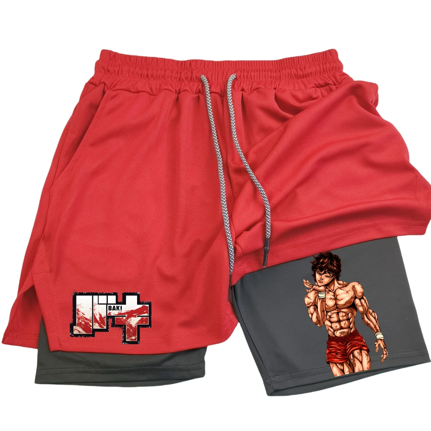 Anime Hanma Baki Gym Shorts Black for Men 2 In1 Mesh Quick Dry Board Shorts Mens Bodybuilding Fitness Running Short Pants Summer