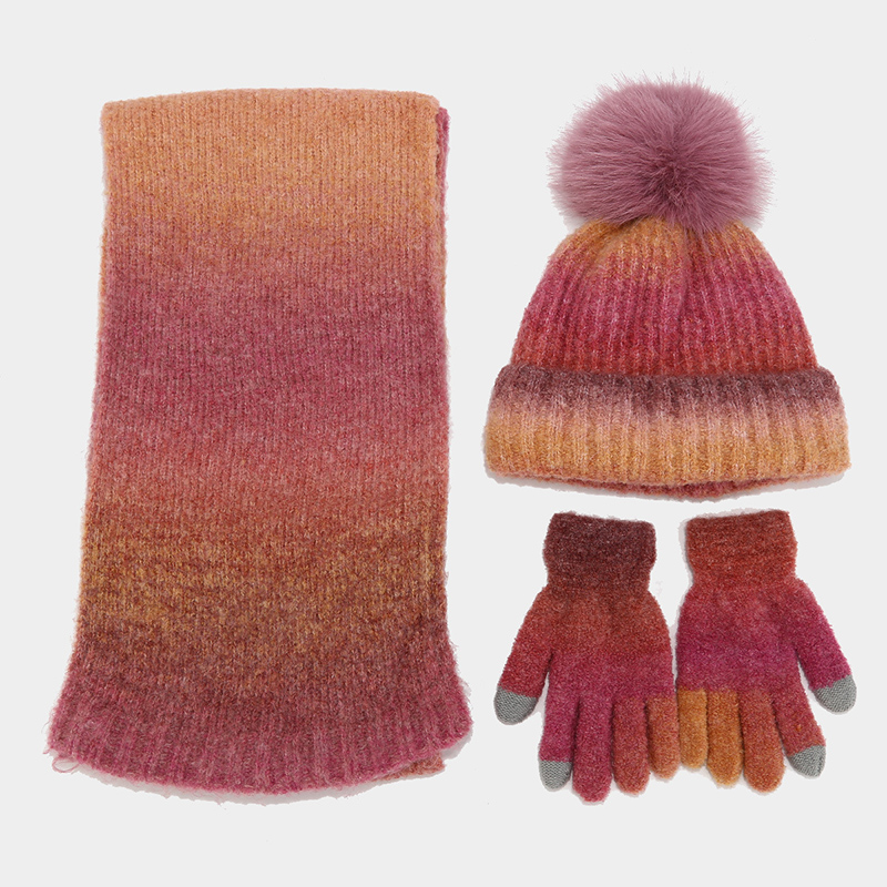 Nieuwe Gebatikte Gebreide Muts Sjaal Handschoenen Set Mode Pompom Wollen Mutsen Winter Pluche Voering Verdikte Motorkap Touchscreen Handschoenen
