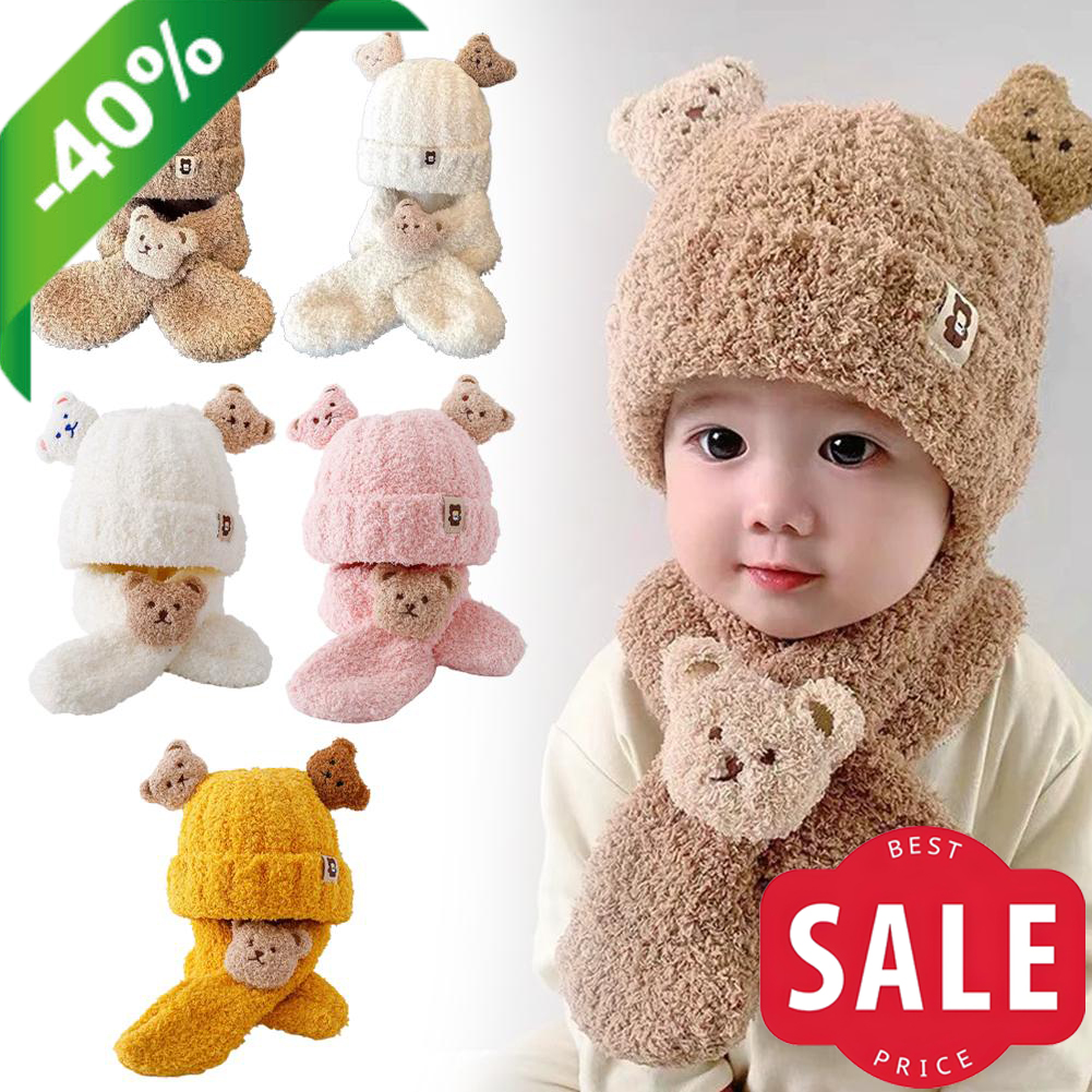 Gorro de oso esponjoso, bufanda para niños pequeños, gorro con capucha de invierno, bufanda para niños de 3 meses a 1,5 años, gorros de calavera de lana gruesa