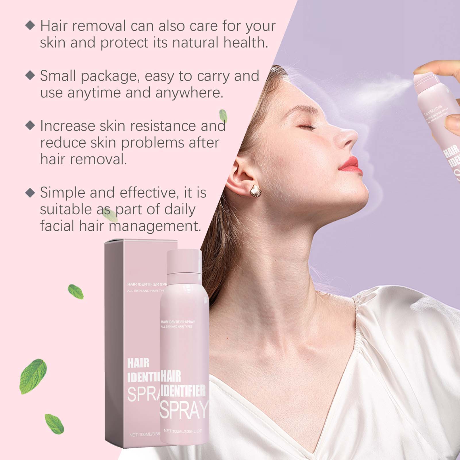 Facial Hair Identification Spray, pele branca, corpo hidratante Dermaplaner, adequado para a condição quente do verão