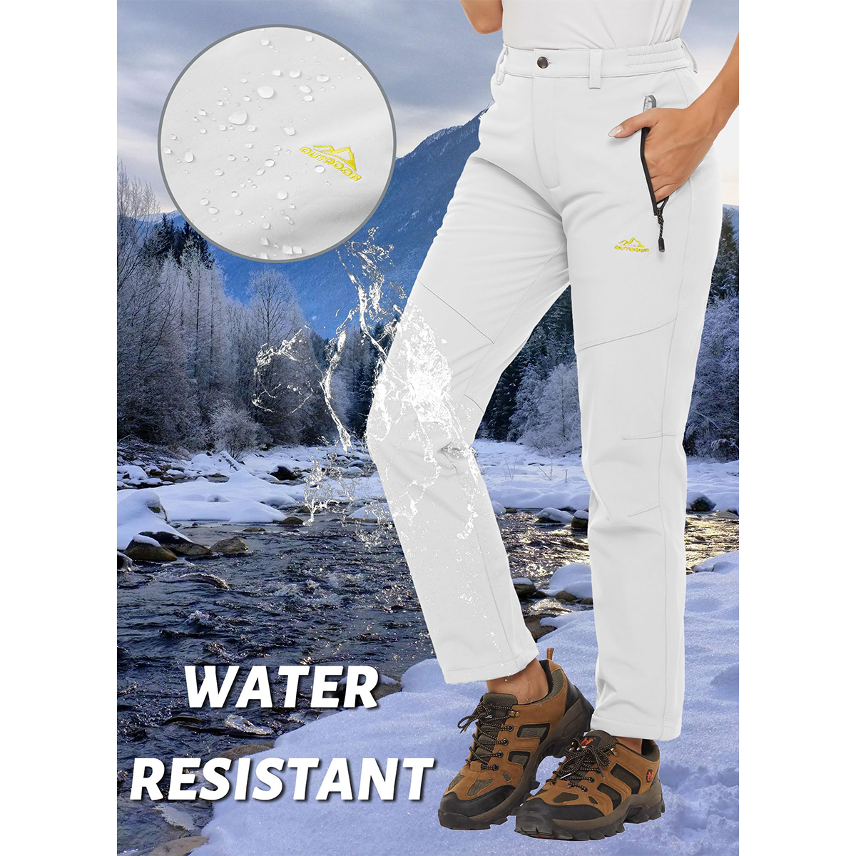 Magcomsen calças femininas forradas de lã, à prova d'água, casca macia, calças retas, outono inverno, quente, neve, esqui, com bolsos com zíper