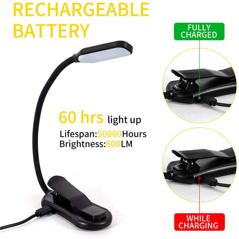 Luz de libro recargable, luz de lectura de 7 LED con luz diurna blanca cálida y fría de 3 niveles, lámpara de lectura nocturna Flexible y fácil con Clip en la cama