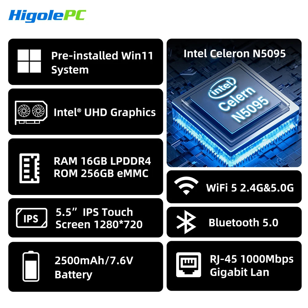 Higole Gole 2 Pro 5.5'' Mini PC Intel N5095 Windows 11 WiFi5 8/16 128/256G 4K Windows Tablet Laptop Desktop PC Mini Computers