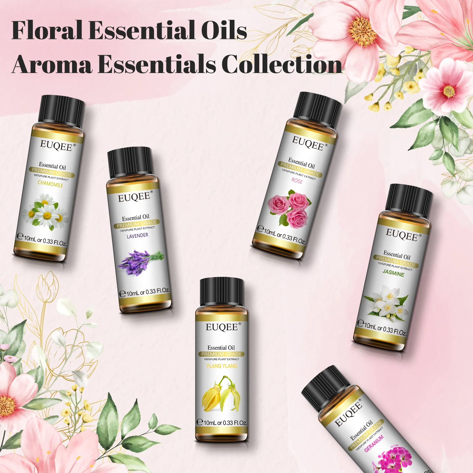 EUQEE 6 ขวด Floral Series ชุดน้ํามันหอมระเหยสําหรับ Diffuser เทียนทํา-Rose Lavender Ylang Ylang จัสมิน Geranium Chamomile