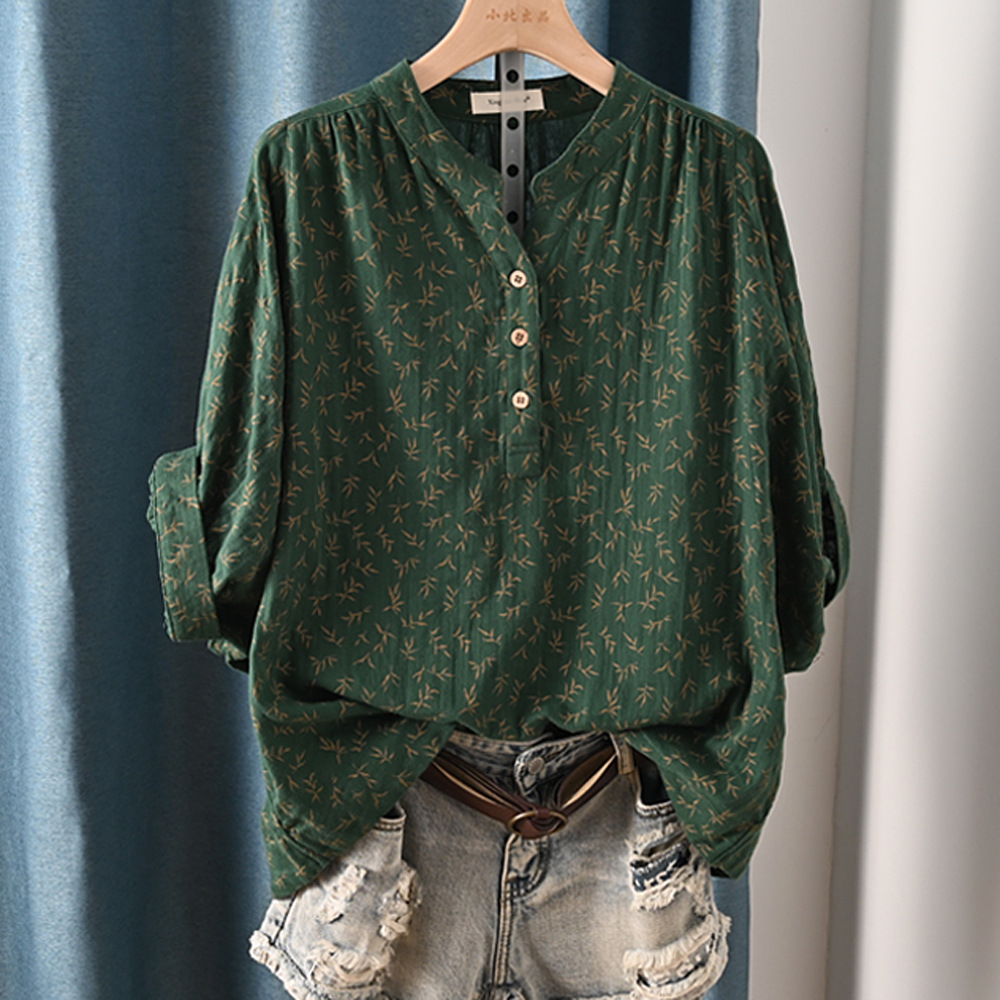 เสื้อผ้าฝ้ายลำลอง100% แขนค้างคาวสำหรับผู้หญิงใหม่ฤดูใบไม้ผลิเสื้อพิมพ์ลายคอตั้งเสื้อเบลาส์ OL ทรงหลวม2024 T447104QM ฤดูร้อน