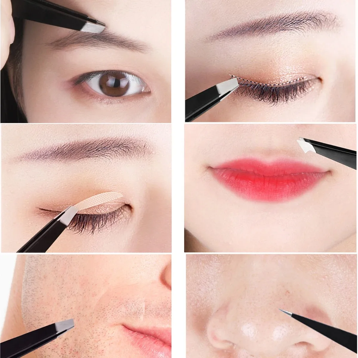 Pinzas para depilación, pinzas para cejas de acero inoxidable, punta negra inclinada rosa, herramienta de belleza de maquillaje inofensivo para cara, color negro
