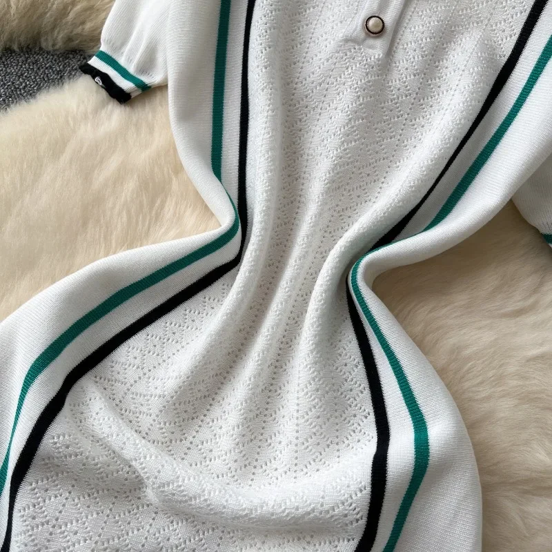 Frauen Farbe Patchwork Rüschen Saum Gestrickte Mini Kleid Tasten Polo-neck Kurzarm Hohe Stretch Bodycon Casual Outfits Vestidos