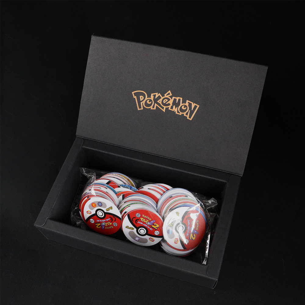 100/160 Stück Pokemon Tazos 1/2 Generation Strokes Box 3D Runde quadratische Sammelkarten Album Trainer Pogs Cheetos Chipitaps