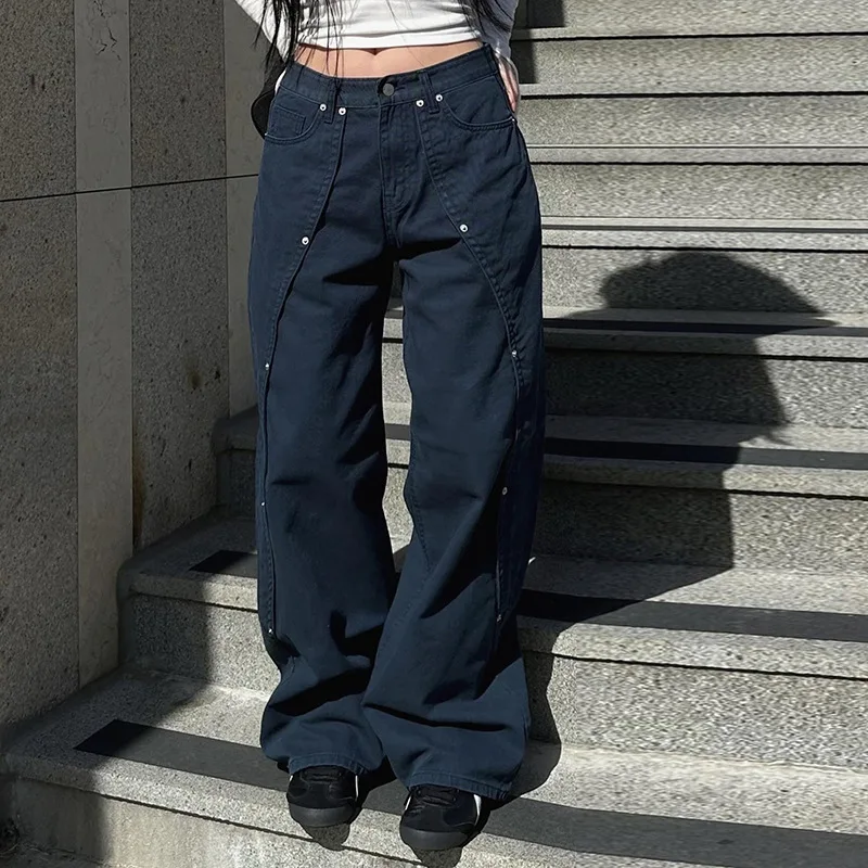 ผู้หญิงเกาหลี Patchwork Baggy กางเกงยีนส์ High Street Y2K Casual Grunge Cargo กางเกงแฟชั่น Chic Rivet รายละเอียด Sweatpants 90s