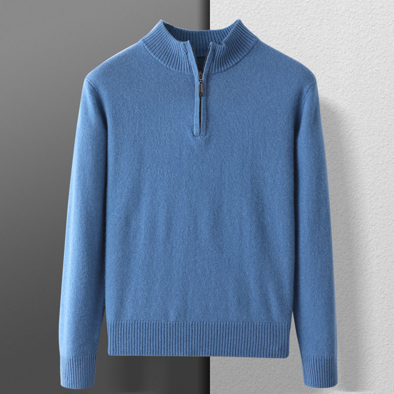 100% cabra cashmere masculino mock-neck camisola com zíper pullovers outono inverno grosso clássico sólido solto malhas coreano roupas masculinas