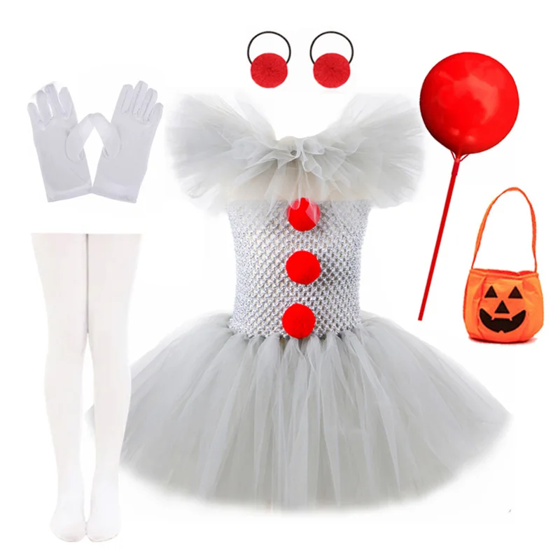 Girls Gray Joker Costume Handmade Mesh Tutu Dress Kids 2025 Halloween Carnival Cosplay Party Creepy Clown Children Clothes ﻿