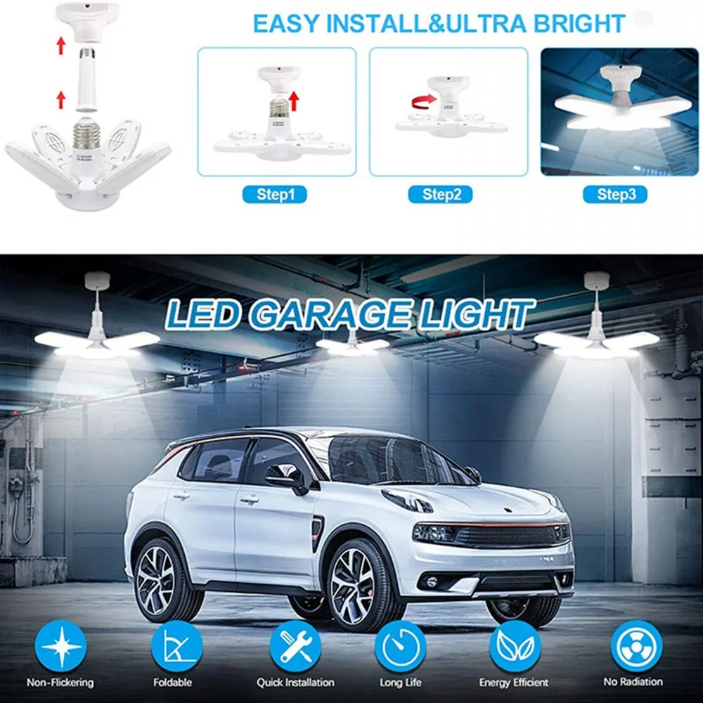 E27 28W LED Bulb Fan Blade Timing Lamp 220V 110V 360°Foldable Led Industrial Light Bulb Lamp For Home Ceiling Light Garage Light