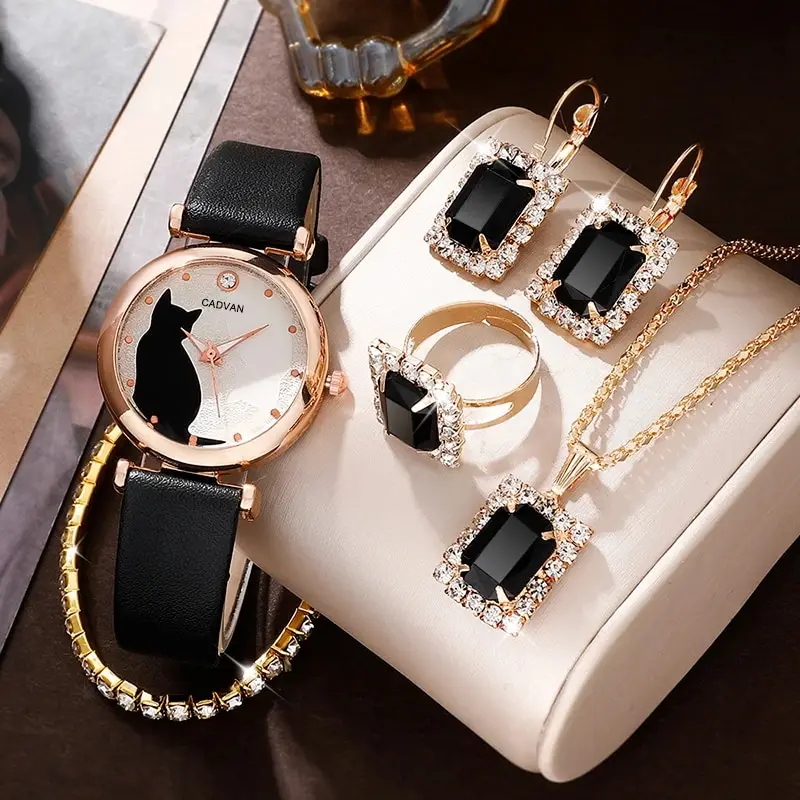6 Stück Set Frauen Mode Quarzuhr weibliche Uhr niedliche Katze Zifferblatt Luxusmarke Design Damen Leder Armbanduhr montre femme