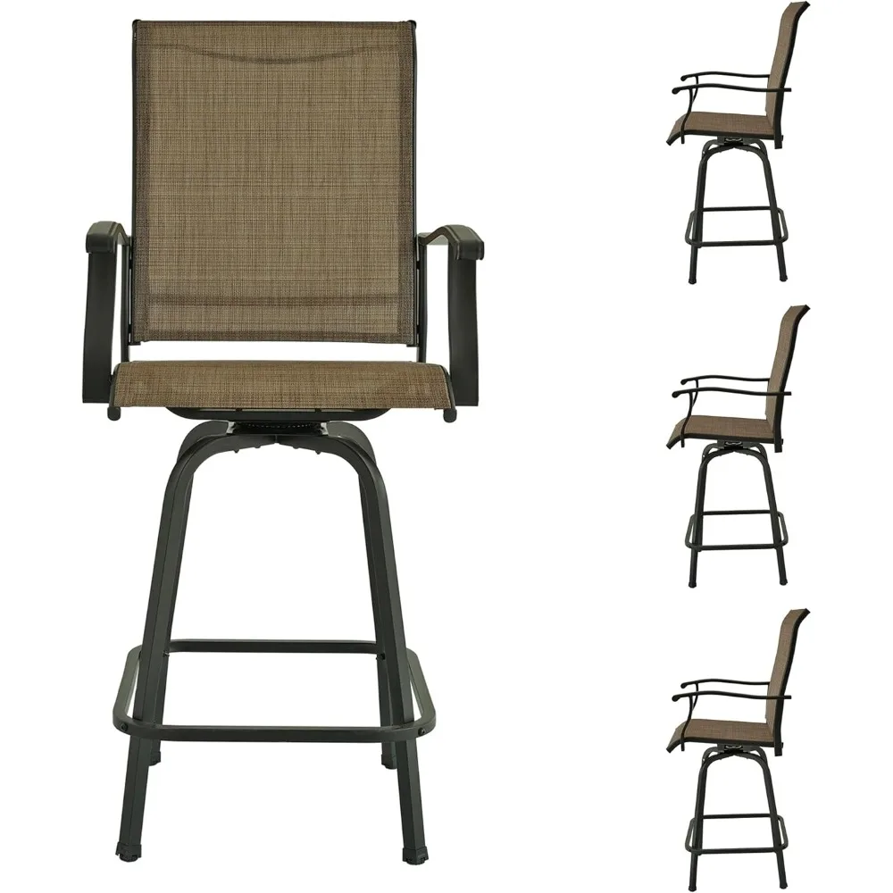 4 Piece Tall Patio Swivel Bar Stools Sei of 4, Outdoor High Back Bar Height Chairs with Footrest - Brown Sling