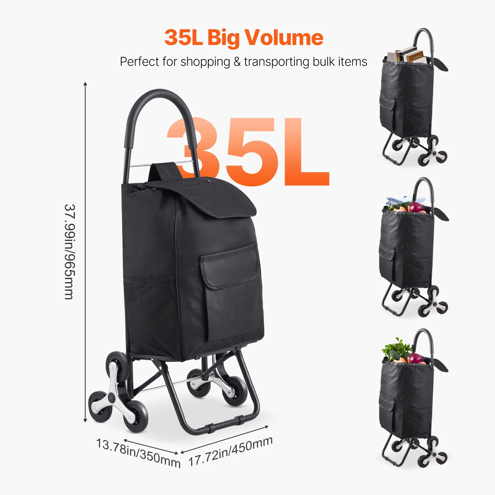 SucceBuy-carrito de compras plegable de 36L y 110 libras, carrito de compras extraíble a mano, almacenamiento portátil para el hogar, carrito de mano para escalar escaleras
