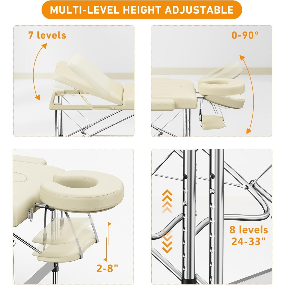 Massage Table Portable 84" Long 24" Wide Professional 3 Sections Reclining Massage Bed Lash Bed, Aluminium Adjustable Estheticia