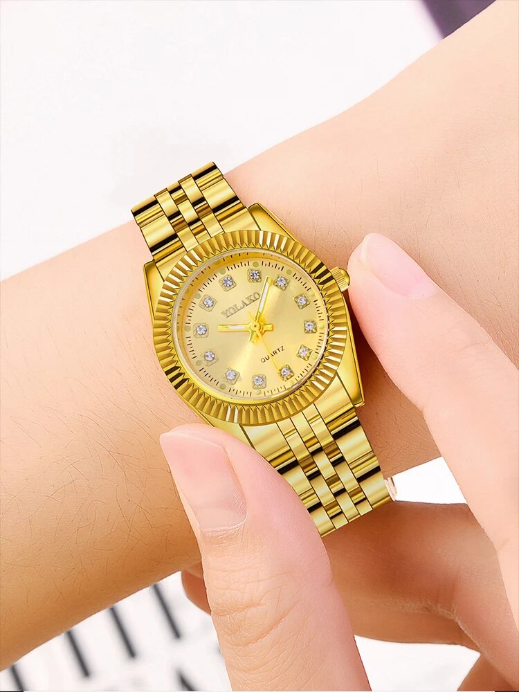 1 peça relógio de quartzo feminino com pulseira de aço dourado da moda