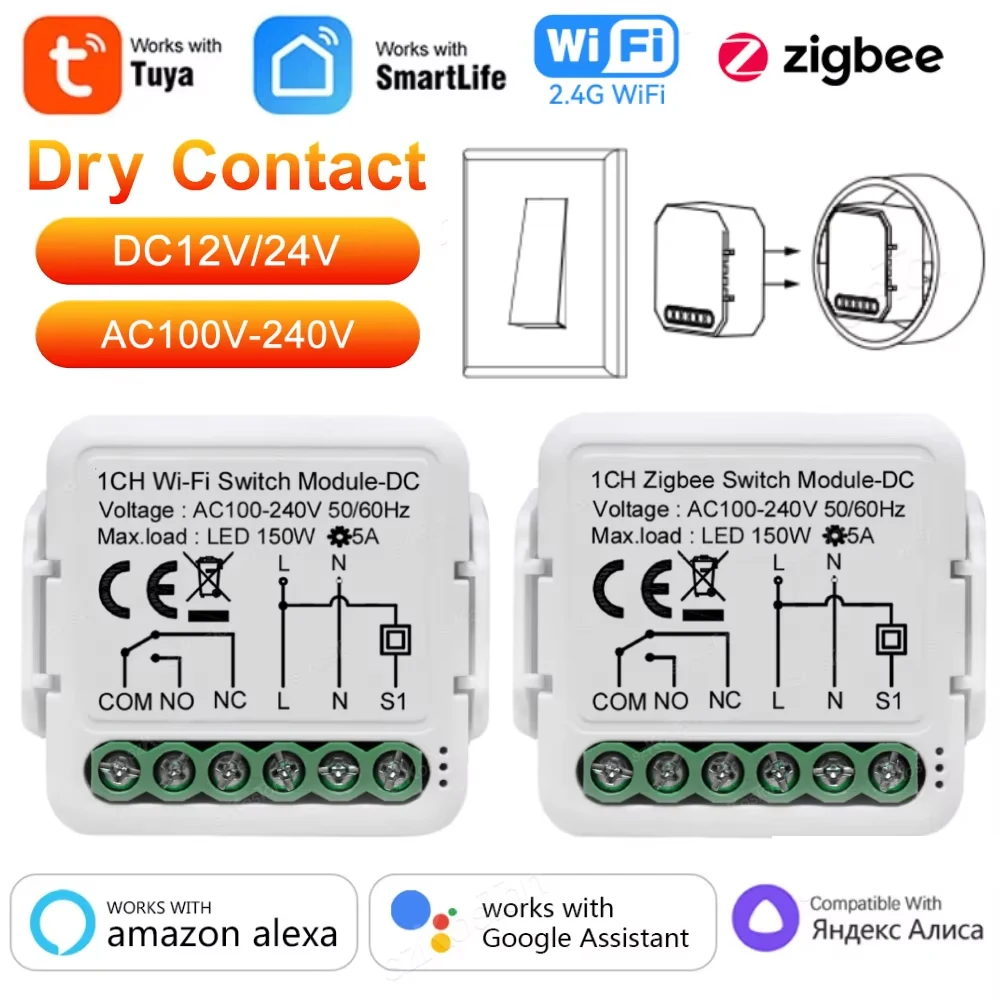 Модуль умного переключателя Tuya ZigBee Wi-Fi с сухим контактом постоянного тока 12/24 В переменного тока 100-240 В, реле умного дома «сделай сам», работает с Alexa Google Alice