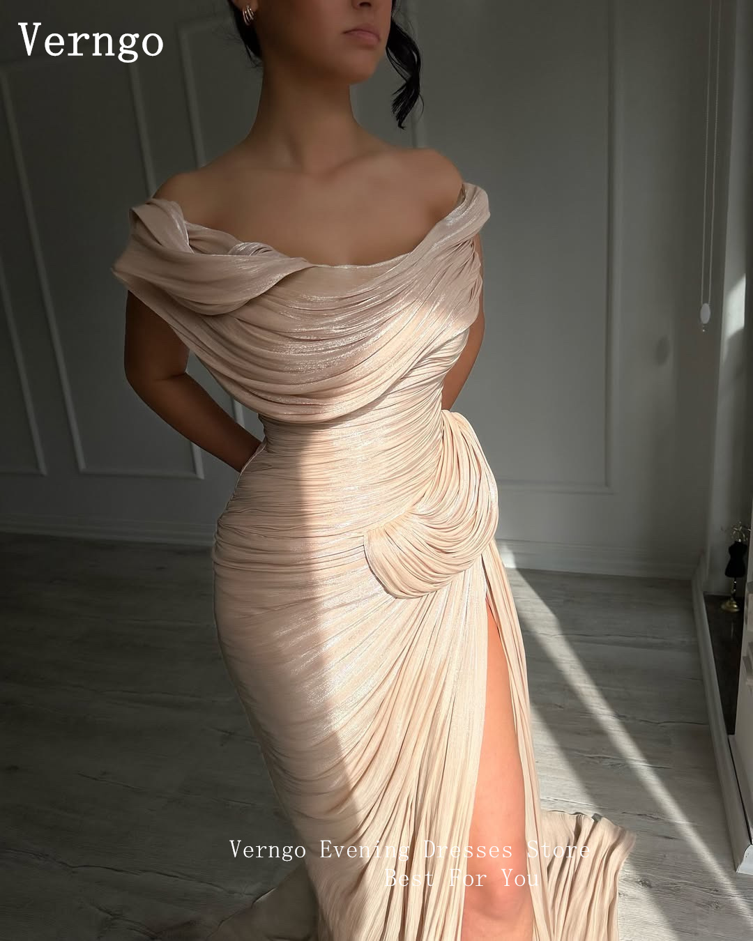 Verngo Braunes Chiffon-Abendkleid, schulterfrei, Meerjungfrau, formelle Anlässe, elegante Abendkleider mit Seitenschlitz, individuell gestaltet