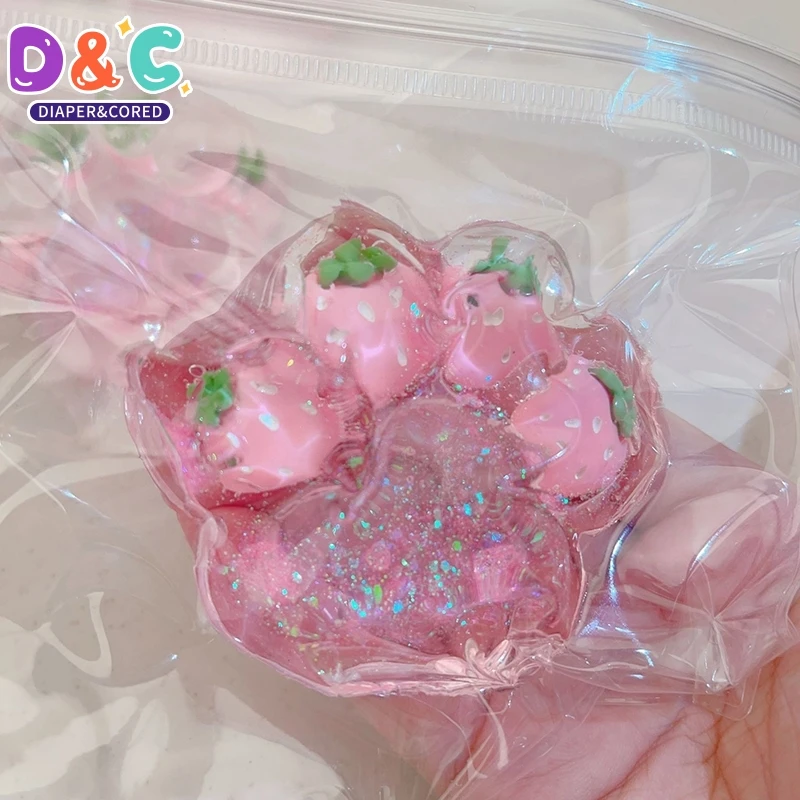 Fidget Toy Kawaii Transparent Strawberry Cat Paw Squeeze Toys Creative Slow Rebound Decompression Venting Rebound Toys For Kids