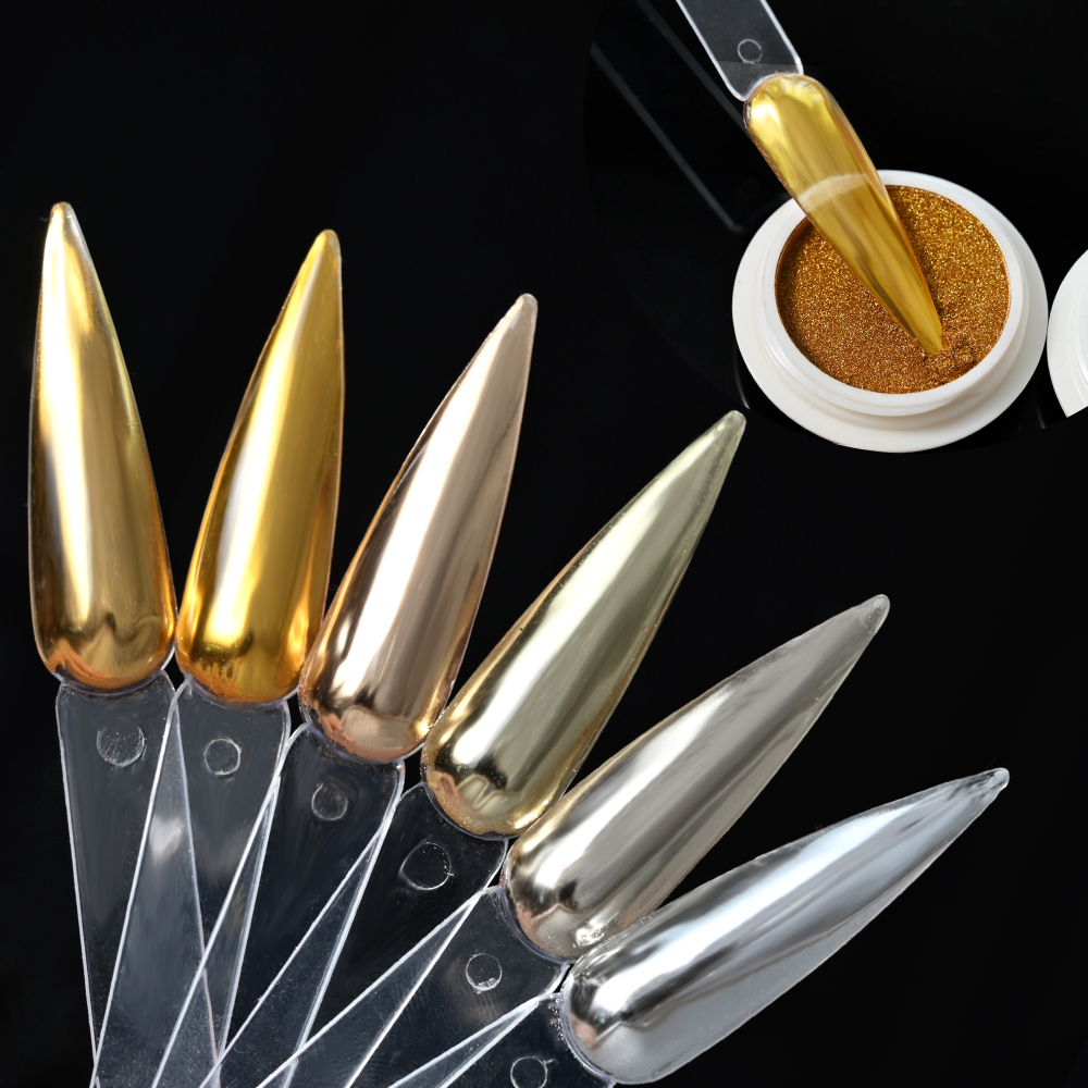 6 Pcs Elegant Mirror Chrome Effect Metallic Dust Holographic Glazed Manicure Decoration Reflective Gold Silver Glitters Powder