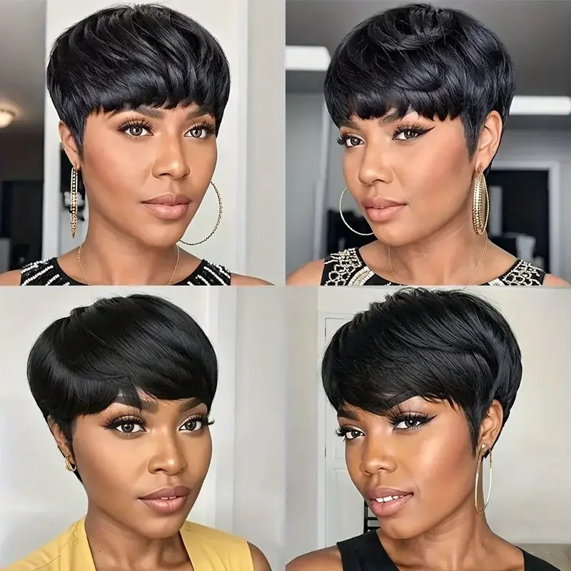 Parrucca corta Bob Parrucche diritte per capelli umani con frangia Parrucche anteriori non in pizzo per le donne Parrucca Pixie Cut Colore naturale Completa fatta a macchina