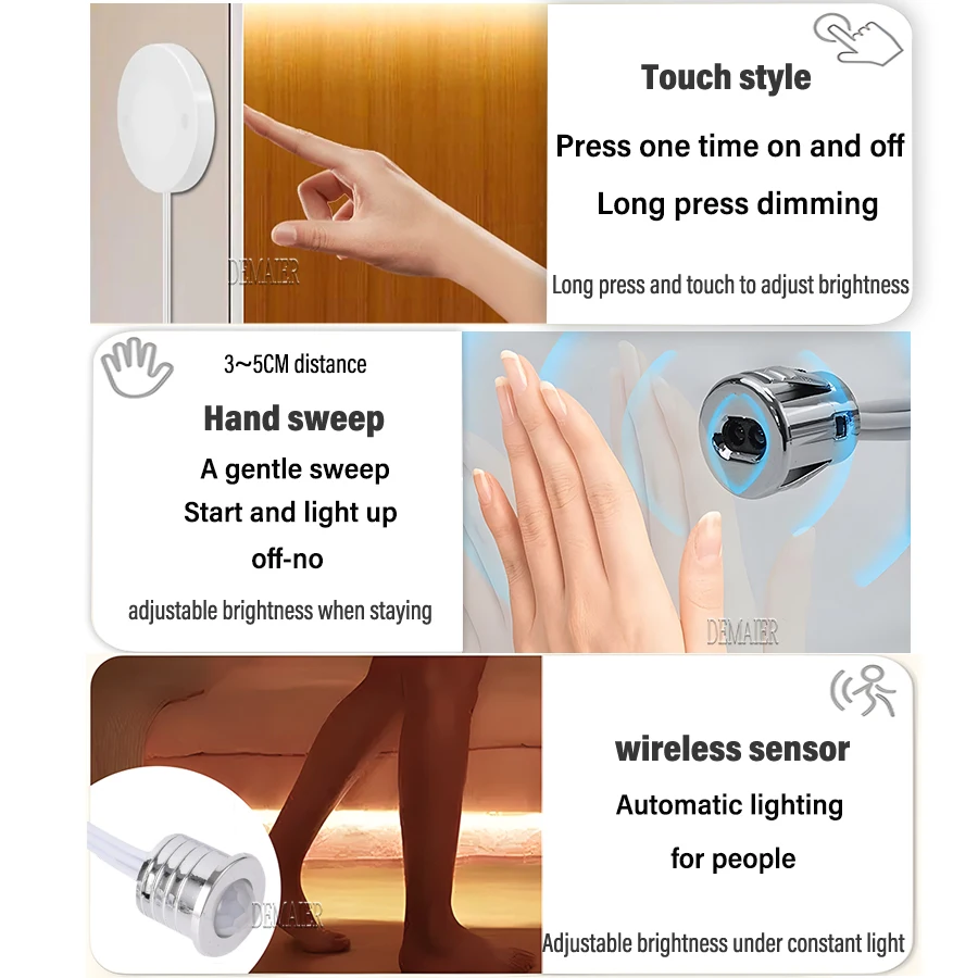 COB LED Strip 220v/110V Kitchen LED Under Cabinet Light Wood Penetrable Touch Switch Motion sensing sensor DIY Shelf Pantry