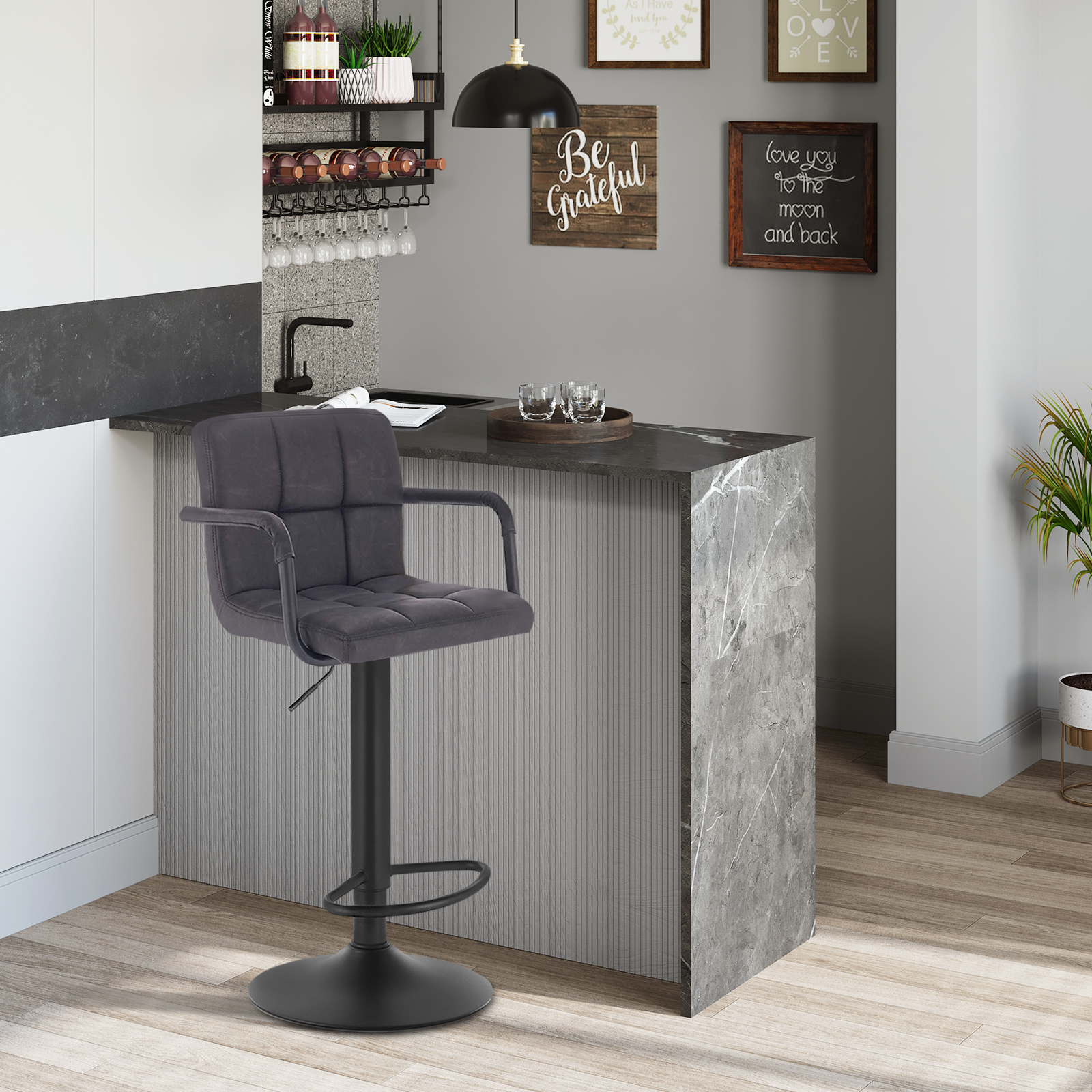 WOLTU 2PCS Velvet Bar Stool Height-Adjustable Rotatable Bar Counter Chair with Backrest Padded Seat Armrest Dining Kitchen Chair