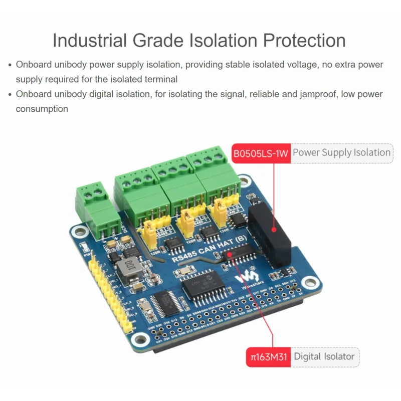 Изолированная плата расширения RS485 CAN HAT (B) CAN для Raspberry Pi 2-Ch RS485 и 1-Ch CAN Multi Protections