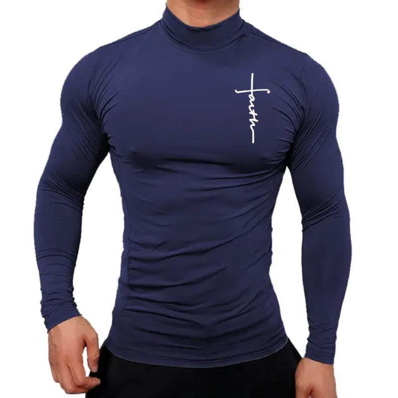 新しいファッションメンズハイカラー長袖Tシャツ、メンズフィットネスワークアウトシャツジムトレーニングトップスマッスルTシャツ、信仰グラフィックTシャツ