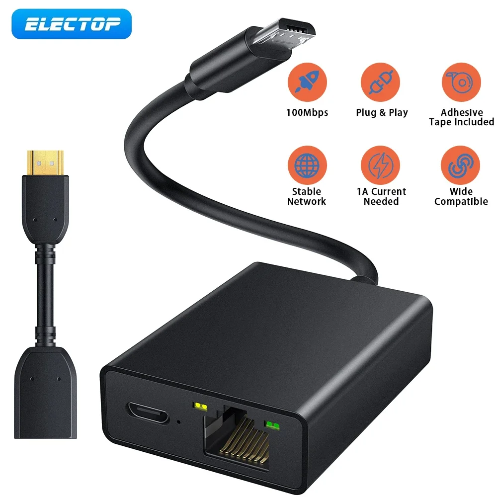 Ethernet-адаптер ELECTOP для Fire TV Stick, Ethernet-адаптер Micro USB к RJ45, совместимый с Fire TV Stick 2/3/4K/4K Max