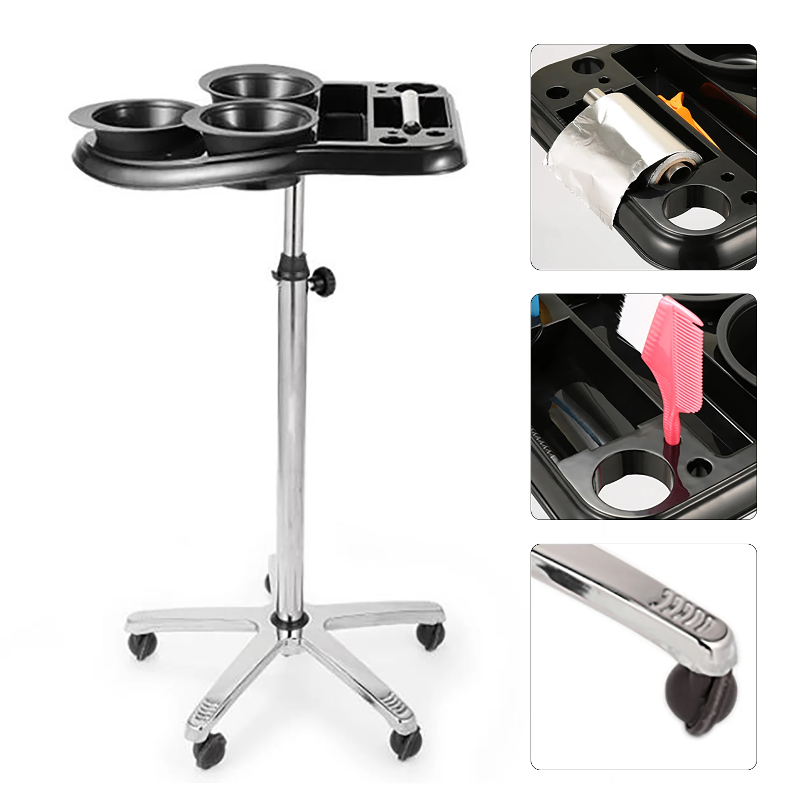 Carrello da parrucchiere su ruote 70-105 cm regolabile con 3 ciotole da colorare per parrucchiere Carrello da parrucchiere spa