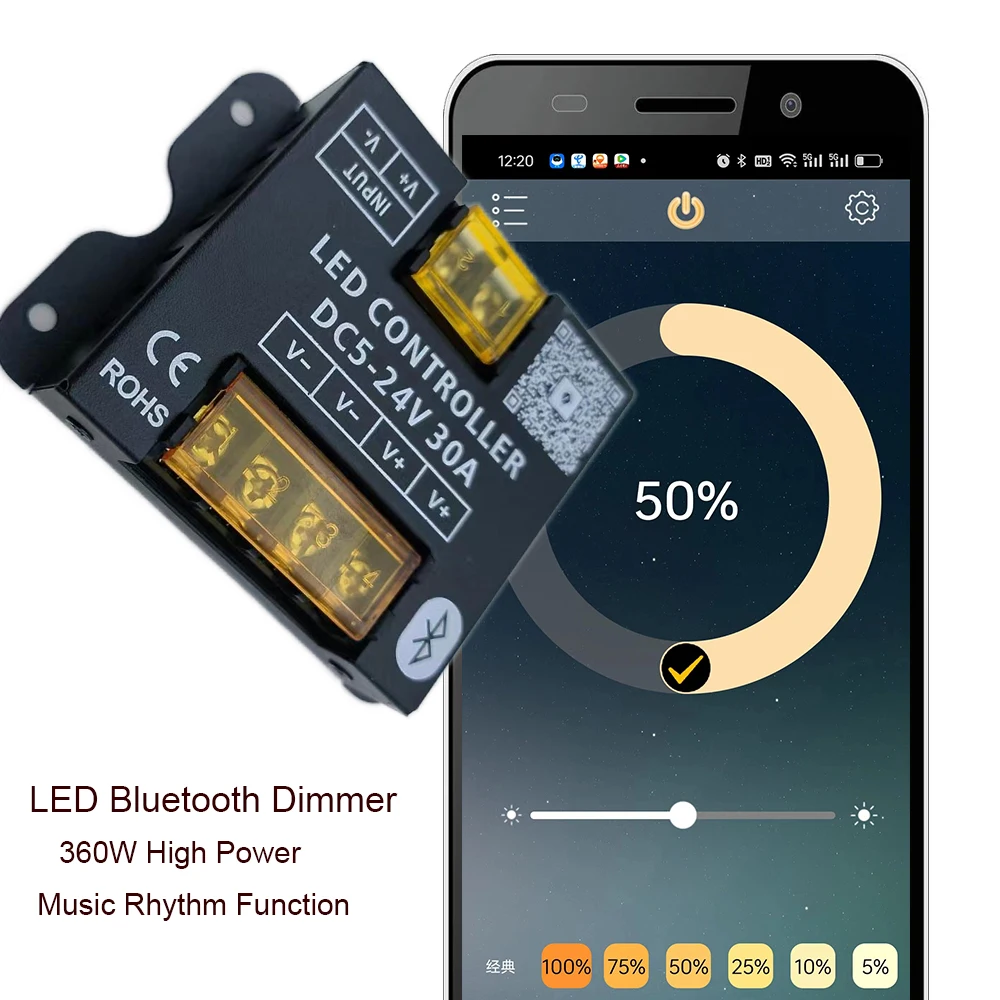 DC12-24V 30A 360W aplicación de teléfono móvil conexión Bluetooth controlador de tira LED atenuador con RF táctil uso remoto para luz LED