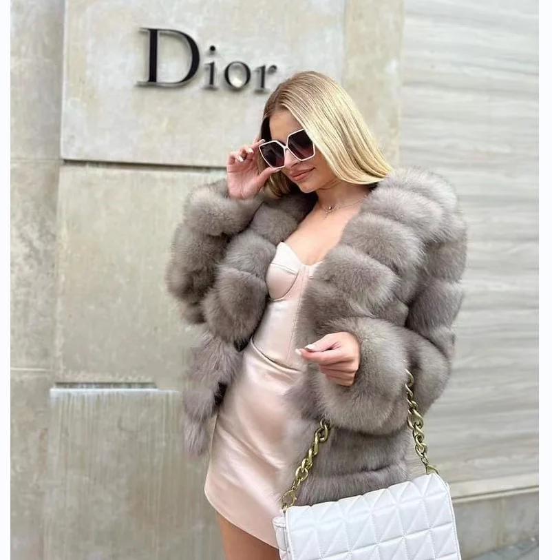 Jaqueta de pele de raposa real feminina com lapela grande mangas destacáveis quente elegante casaco de inverno moda pele animal outerwear