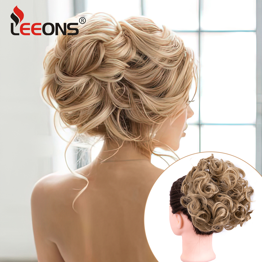 Leeons coque de cabelo sintético marrom loiro cacheado coque bagunçado pente clipe na extensão do cabelo updos postiços para mulheres