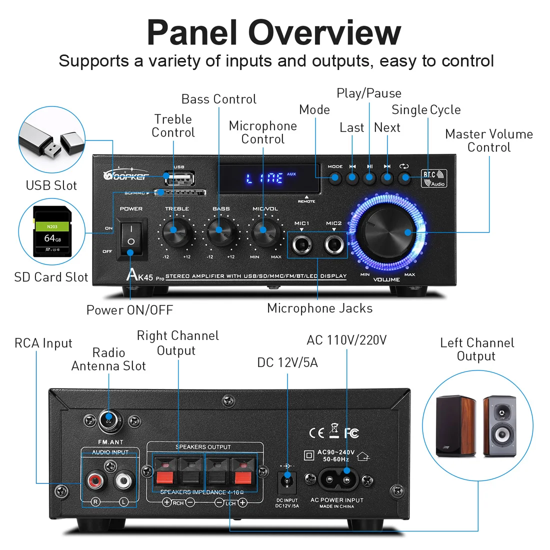 Woopker AK45 Pro Audio Amplifier Max Output 820W Channel 2.0 Bluetooth AMP Karaoke HiFi Digital Stereo Receiver for Home RVs