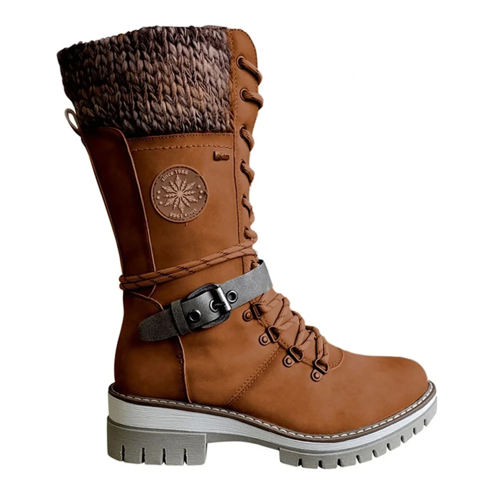Botas De media caña con hebilla De encaje para Mujer, botines cálidos De tacón bajo con punta redonda, De alta calidad, invierno, 2023