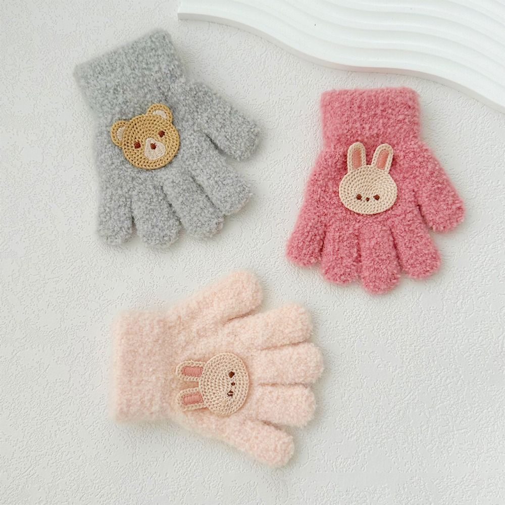 Guantes bonitos para bebé, manoplas con dedos completos de dibujos animados, guantes cálidos de otoño, manoplas de punto esponjosas de Color sólido, guantes gruesos con lazo para exteriores