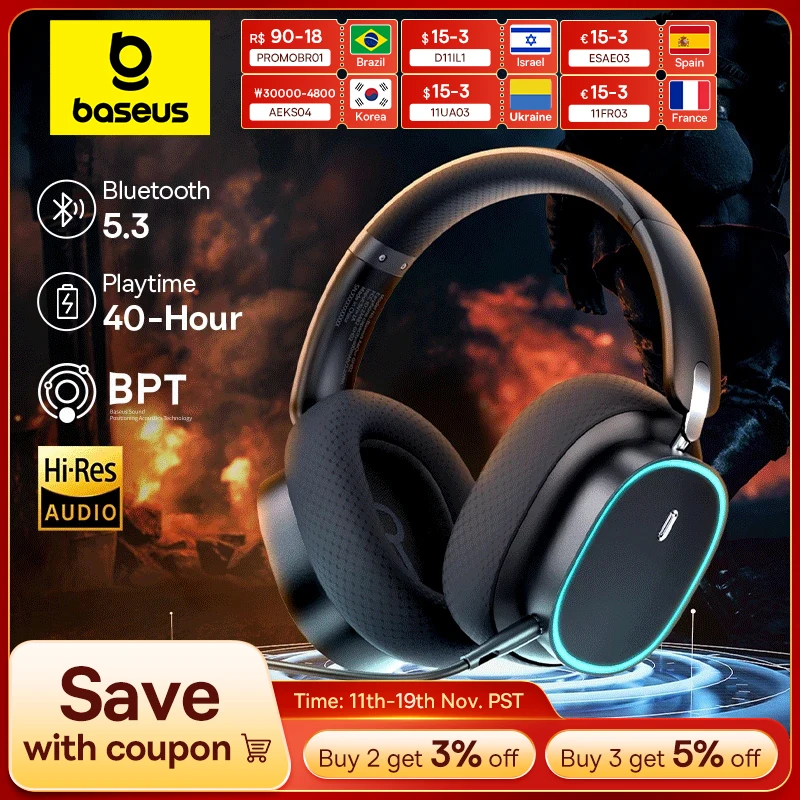 Baseus GH02 auriculares inalámbricos para juegos con micrófono auriculares supraaurales Bluetooth 5,3 controlador de 40mm 2,4G/inalámbrico/auriculares RGB con Cable