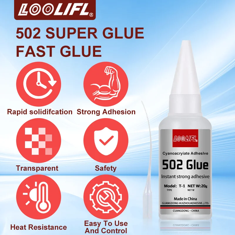 LOOLIFL 502 Super Glue Adhésif cyanoacrylate instantané à séchage rapide Cuir Caoutchouc Verre Bois Métal Colle liquide à forte adhérence, imperméable à l'eau, inodore, colle transparente, colle rapide universelle