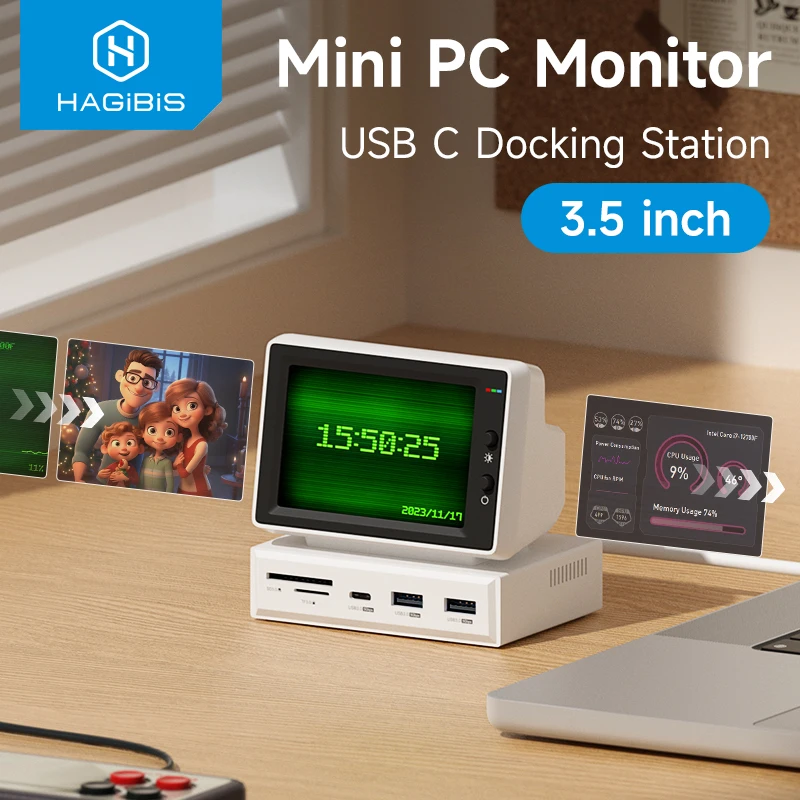 Hagibis 3,5 inch IPS Mini-scherm AIDA64 Mini PC CPU RAM HDD Data Monitor Scherm Subscherm met USB C Hub voor Laptop PC MacBook