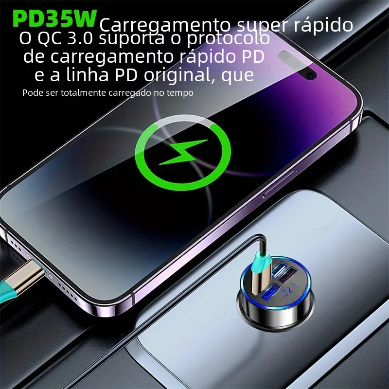 PD + QC 3.0 Adaptador de carregador de telefone para carro de carregamento rápido 4 portas Carregador de carro USB Tipo C PD35W Carregador de carro de carga rápida 3.0