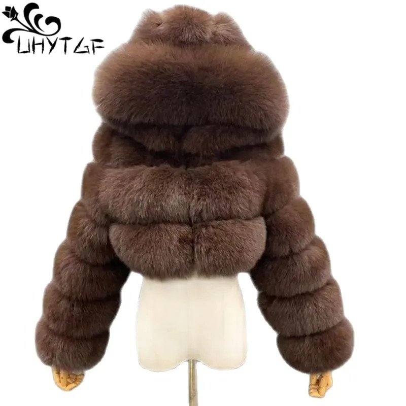 Hochwertige pelzige kurz geschnittene Kunst pelz mäntel und Jacke Frauen kurze flauschige Oberteile Mantel mit Kapuze Winter pelz Jacken Damen Strickjacke