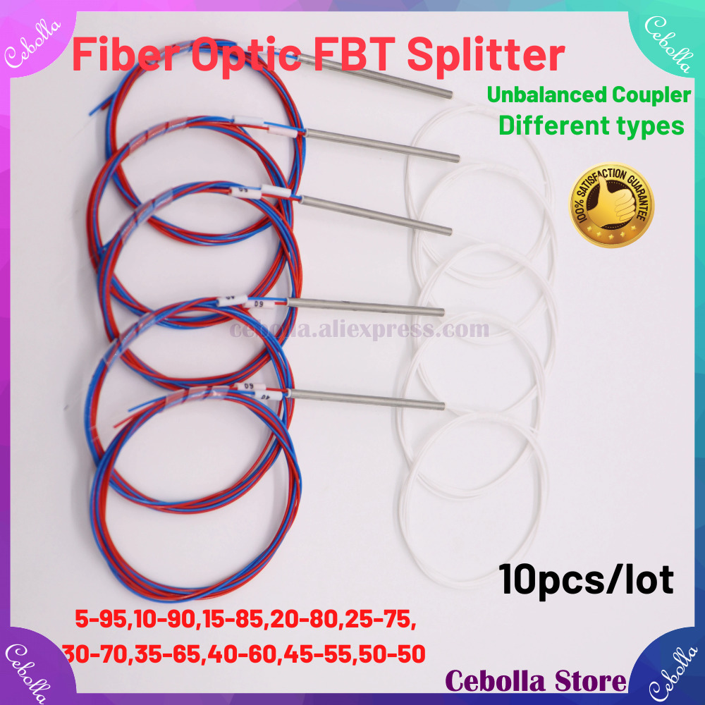 10pcs/lot 1X2 Fiber Optic FBT Splitter 10/90 20/80 30/70 40/60 Various Types 1x2 0.9mm Unbalanced Coupler Without Connectors