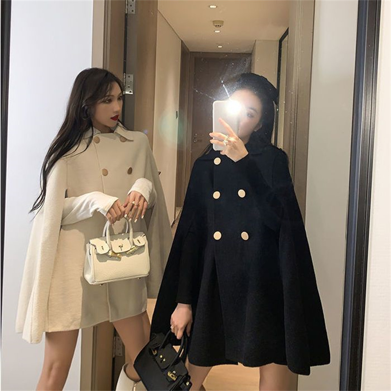 Mode Woolen Poncho Mäntel für Frauen Herbst Winter Solide Cape Mantel Mantel Lose Mantel Weibliche Zweireiher Revers Jacken