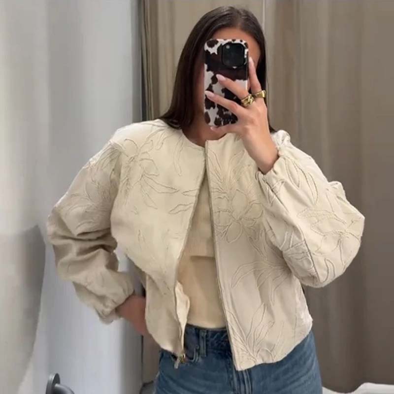 YENKYE 2025 женская куртка с круглым вырезом и длинными рукавами и вышивкой спереди на молнии, свободная укороченная верхняя одежда-бомбер, женская повседневная одежда для поездок на работу