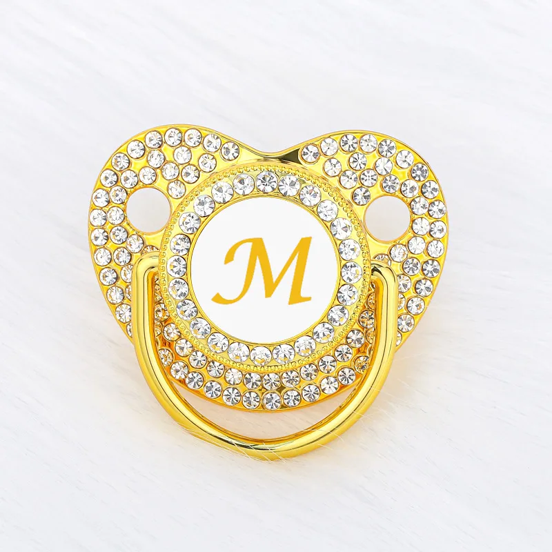 Gold Zircon Newborn Pacifier with Lid Name Initials Personalized Pacifiers for Babies Silicone Infant Dummy New Baby Shower Gift