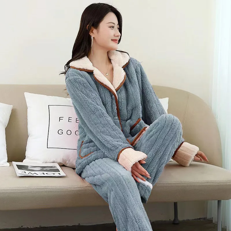 Pyjamas Winter Korallen Samt Verdickt und Fleece Langarm Hosen Flanell Zwei-stück Set Gemütliche Thermo Pyjamas Sowohl Männer frauen