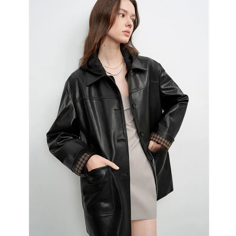 Casaco de couro curtido vegetal feminino trench lapela pele de carneiro comprimento médio outono inverno outerwear